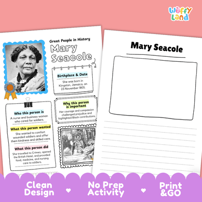 Clean design no prep print and go Mary Seacole famous people research page Black history biography report printable PDF pack
