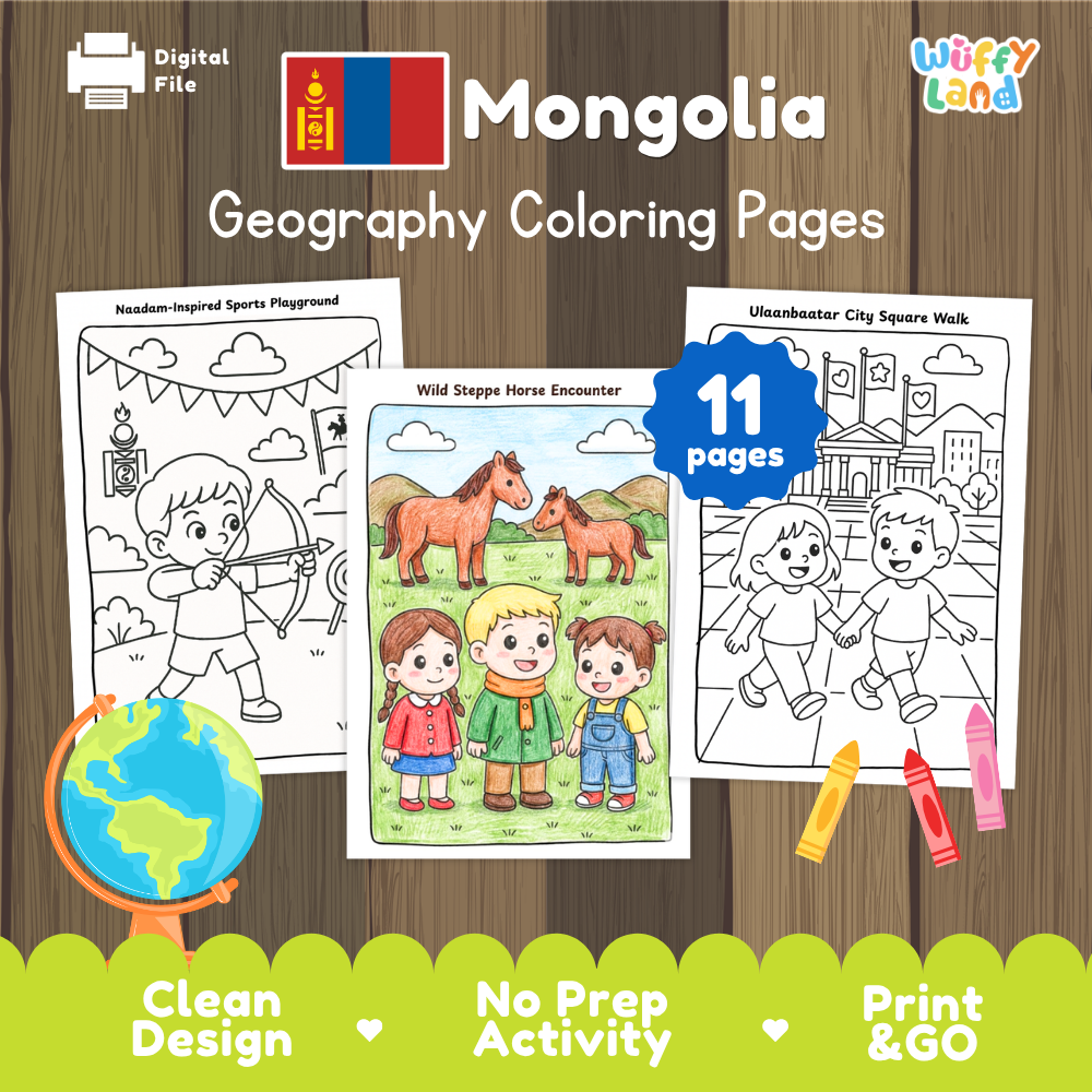 Clean design no prep print and go Mongolia geography activity pack layout ready for classroom and homeschool use