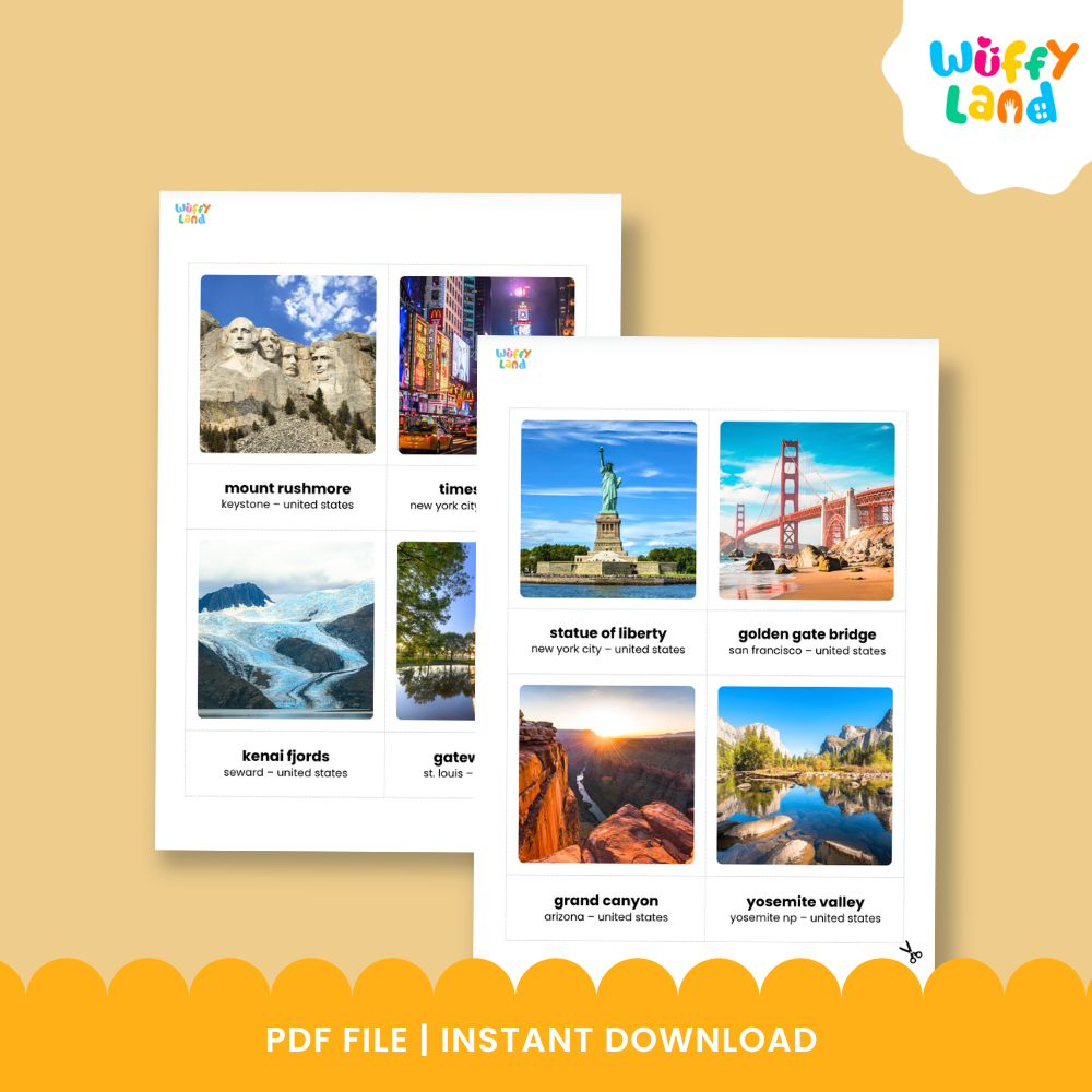 Clean design no prep print and go North American landmark 3 part card Montessori geography printable PDF pack
