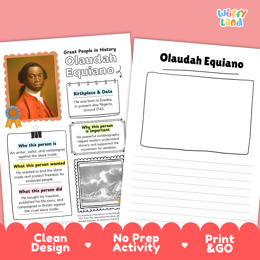 Clean design no prep print and go Olaudah Equiano famous people research page printable PDF pack