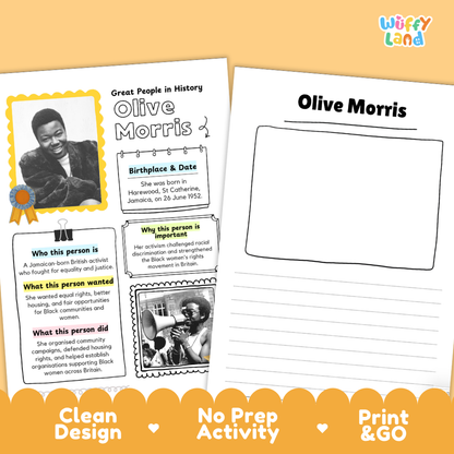 Clean design no prep print and go Olive Morris famous people research page Black history British civil rights biography report printable PDF pack