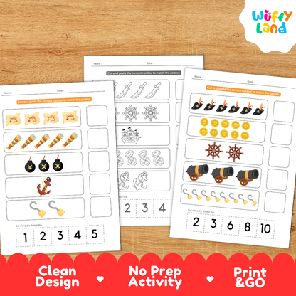 Clean design no prep print and go pirates number match 1 to 10 pirate treasure counting cut and paste worksheets math coloring pages printable PDF pack