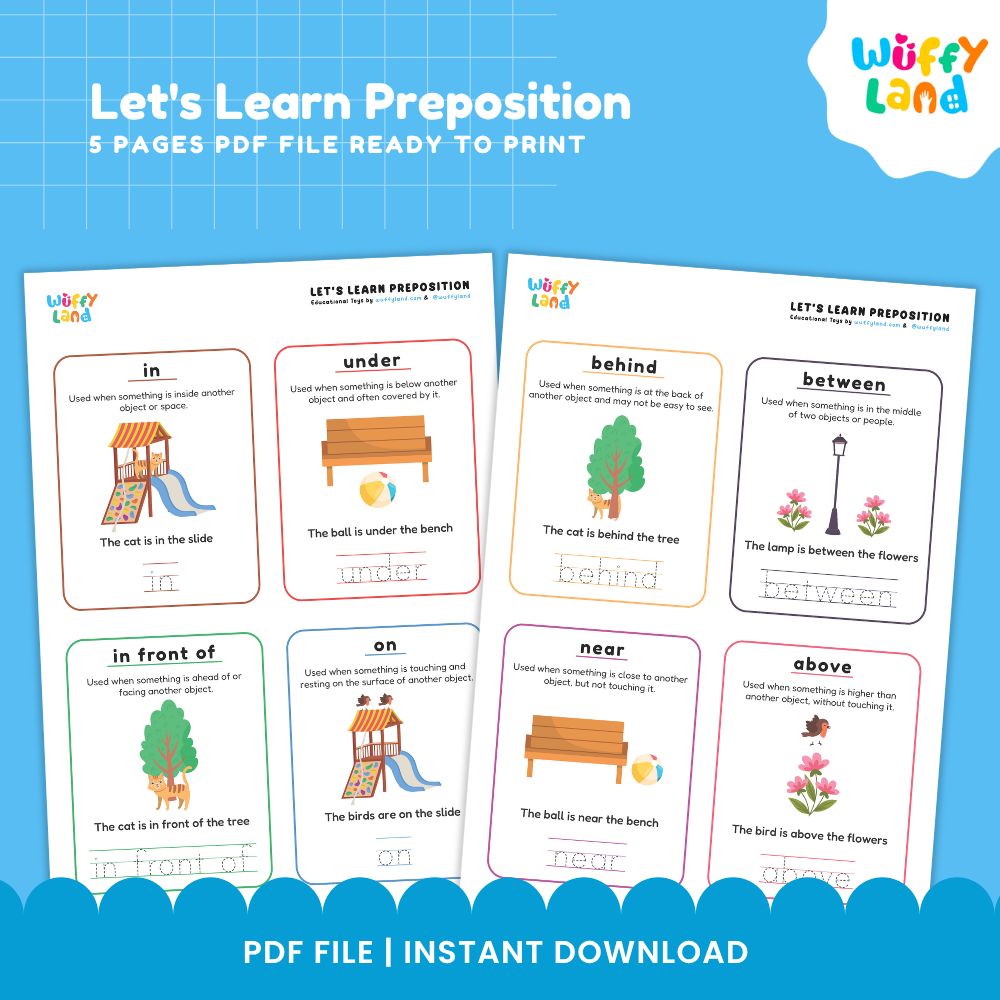 Clean design 5 page let's learn preposition spatial concepts grammar sentence building printable PDF pack