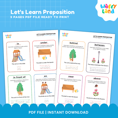 Clean design 5 page let's learn preposition spatial concepts grammar sentence building printable PDF pack