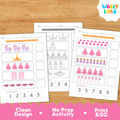 Clean design no prep print and go princess number match 1 to 10 fairy tale counting cut and paste worksheets math coloring pages printable PDF pack