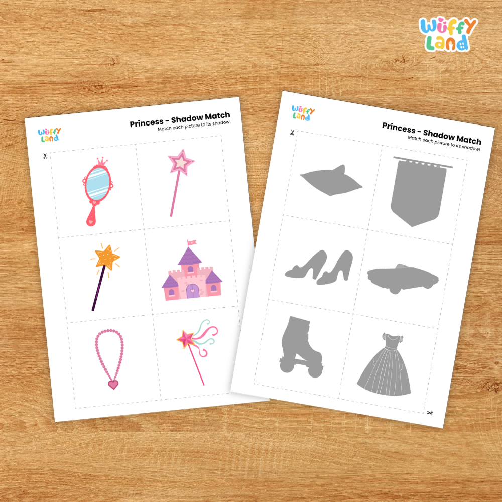 Clean design no prep print and go princess shadow match activity cut and paste worksheets preschool printable PDF pack