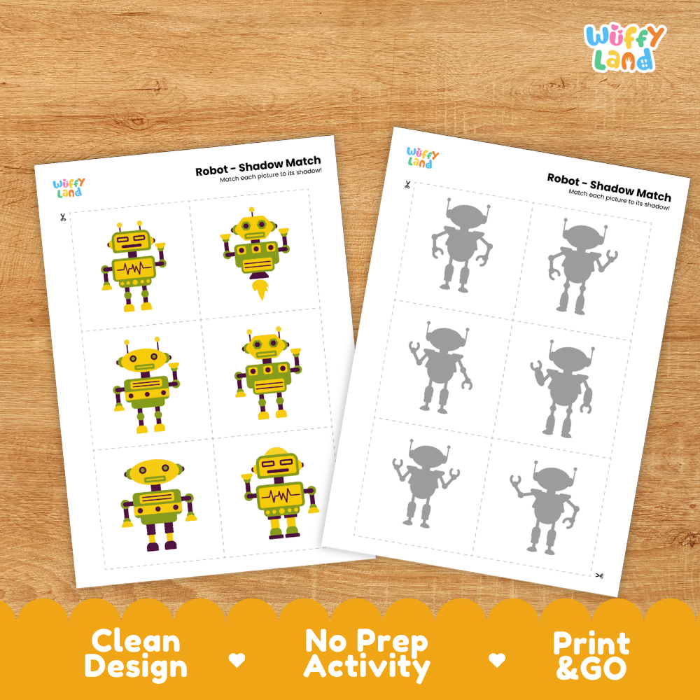 Clean design no prep print and go robot shadow match activity cut and paste worksheets preschool printable PDF pack