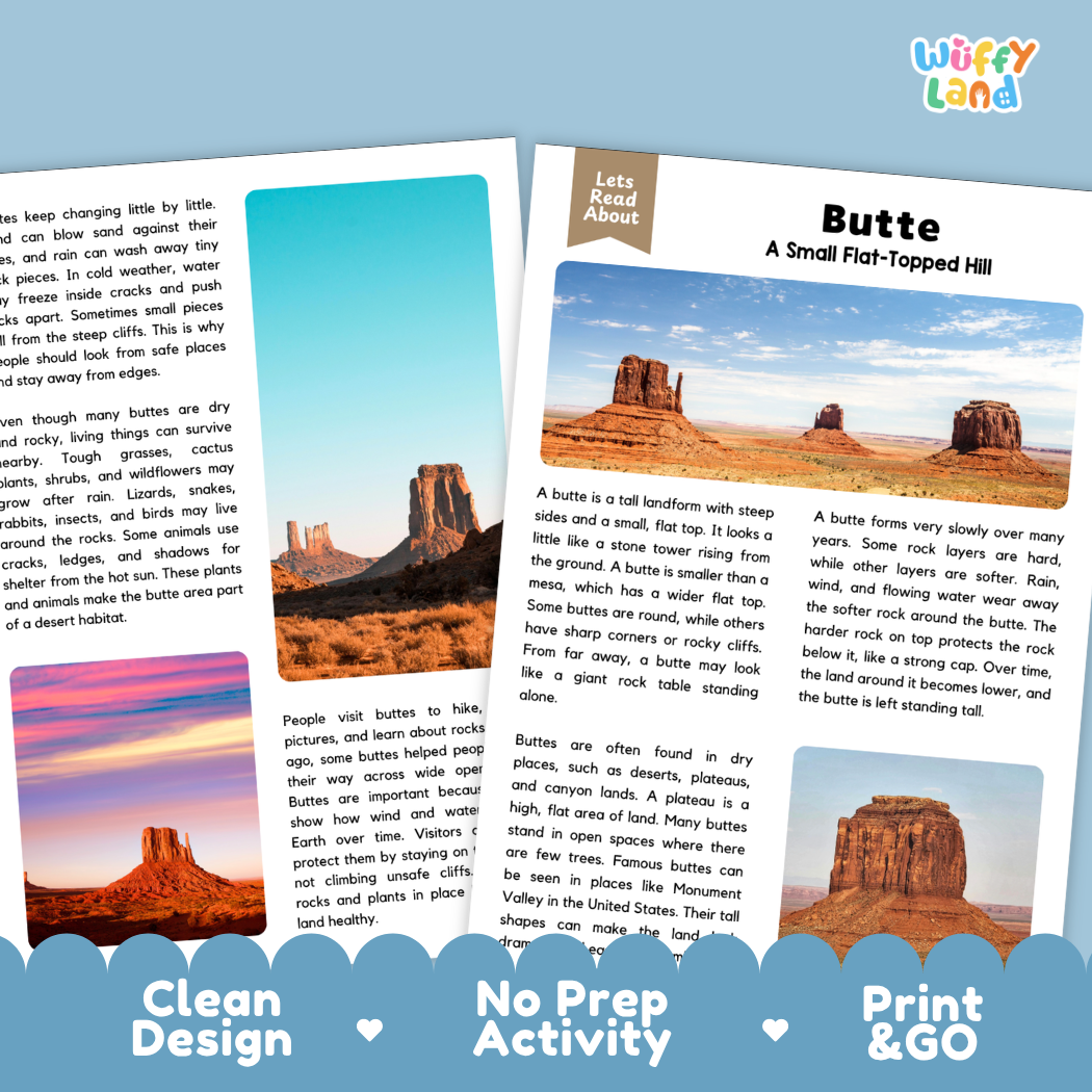 Clean design no prep print and go earth science landform reading and writing activity layout ready for classroom and homeschool use