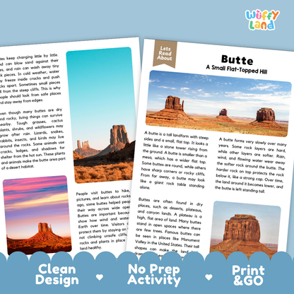 Clean design no prep print and go earth science landform reading and writing activity layout ready for classroom and homeschool use