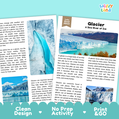 Clean design no prep print and go earth science glacier reading activity layout ready for classroom and homeschool use