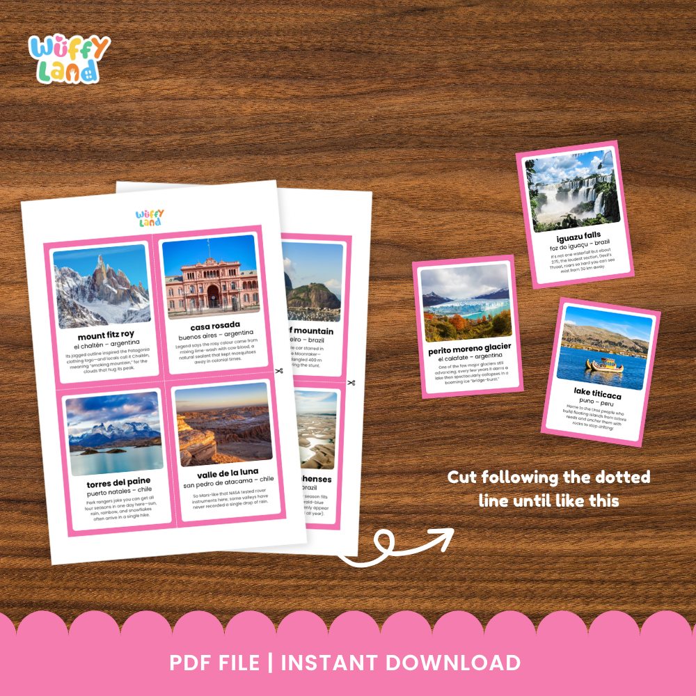 Clean design no prep print and go South American landmarks fun fact flashcards cultural geography educational printable PDF pack