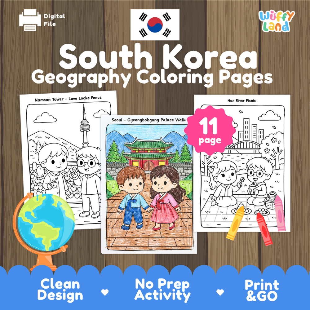 Clean design no prep print and go South Korea geography activity pack layout ready for classroom and homeschool use