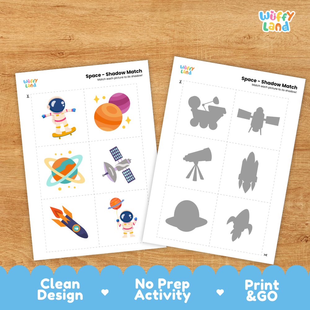 Clean design no prep print and go space shadow match activity cut and paste worksheets preschool printable PDF pack