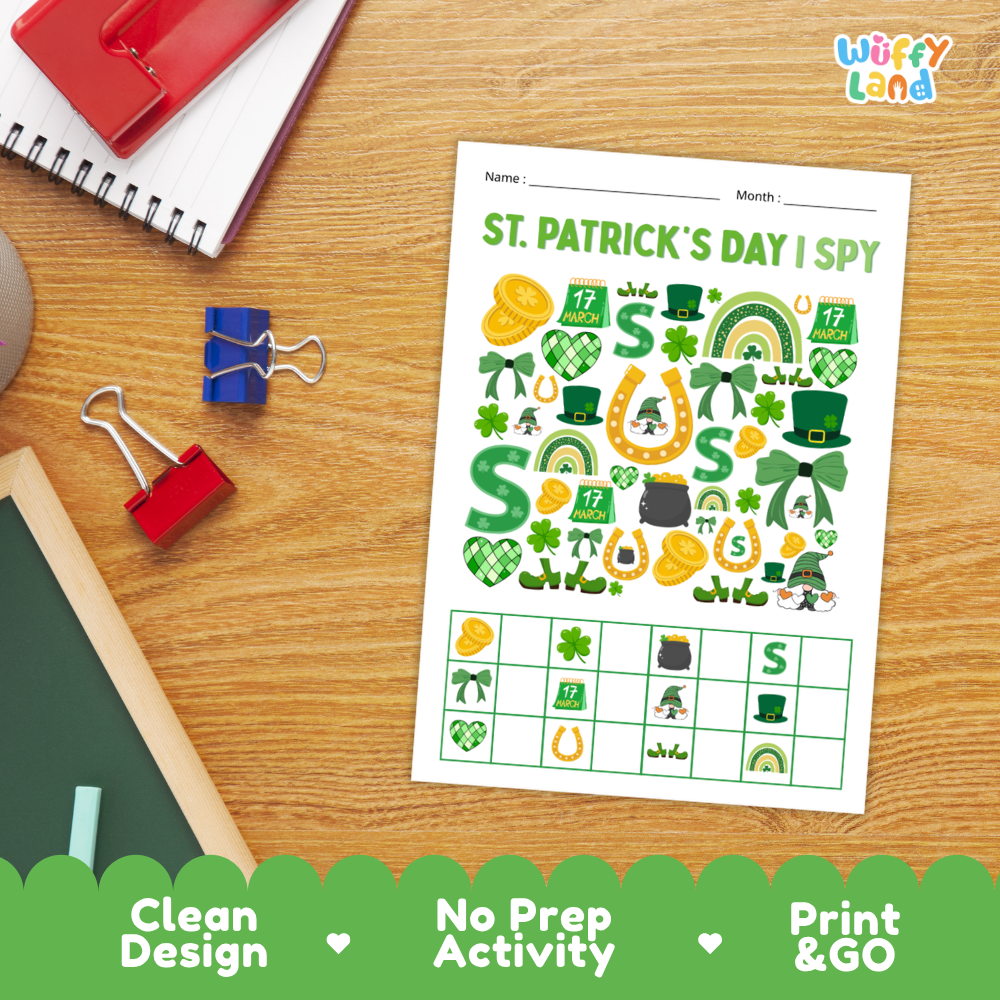 Clean design no prep print and go St. Patrick's Day I Spy game printable PDF pack