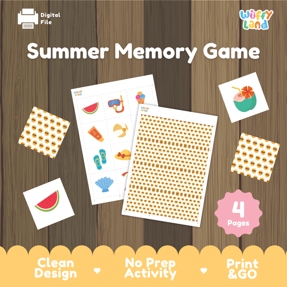 Clean design no prep print and go summer memory game beach vacation matching cards concentration printable PDF pack