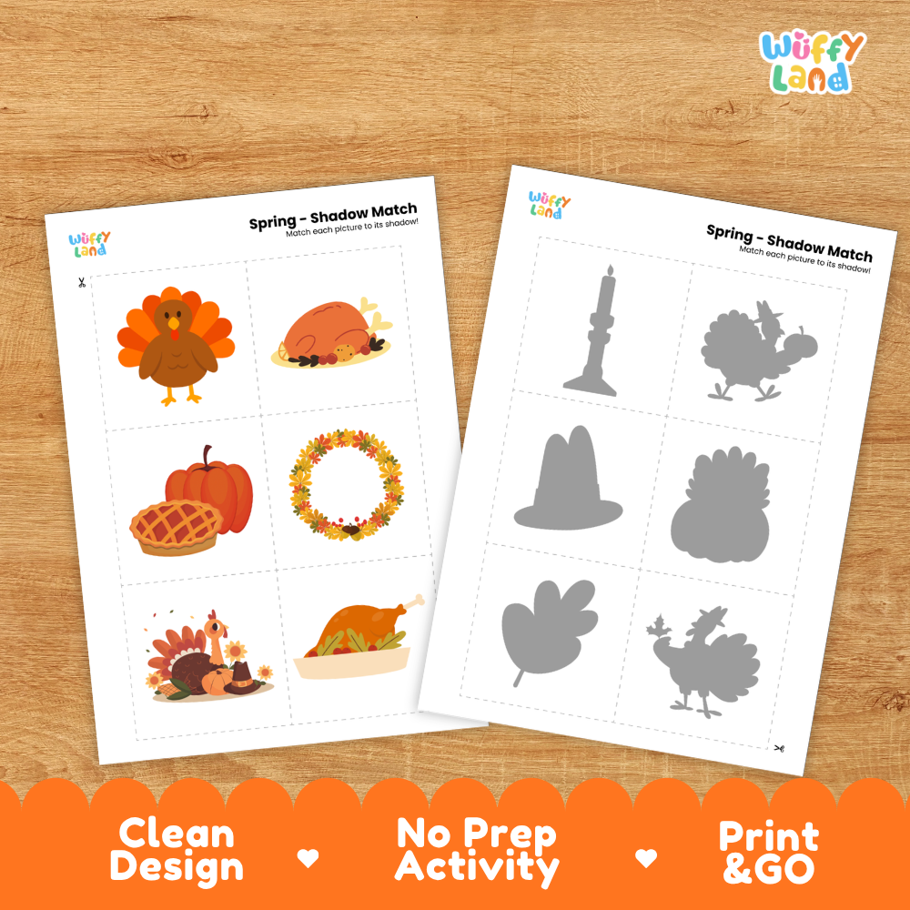 Clean design no prep print and go Thanksgiving shadow match activity cut and paste worksheets preschool printable PDF pack