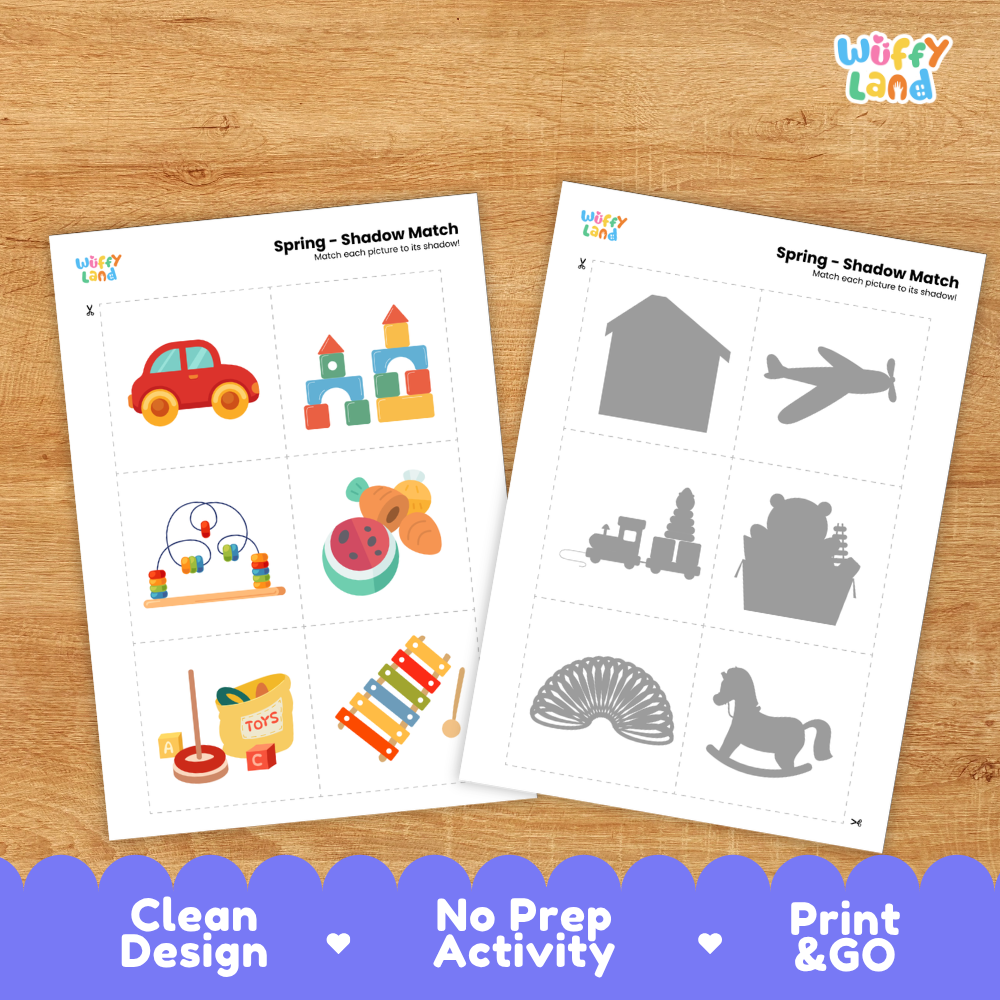 Clean design no prep print and go toys shadow match activity cut and paste worksheets preschool printable PDF pack