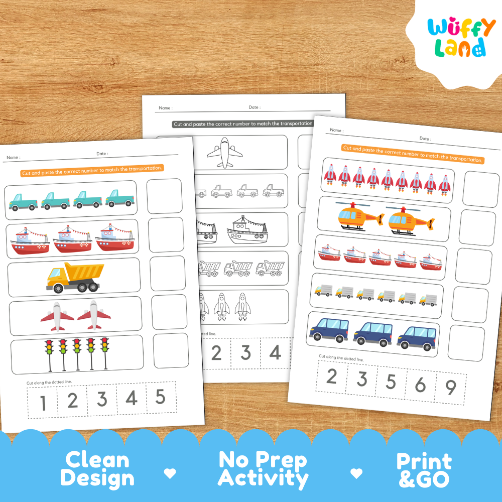 Clean design no prep print and go transportation number match 1 to 10 vehicles counting cut and paste worksheets printable PDF pack