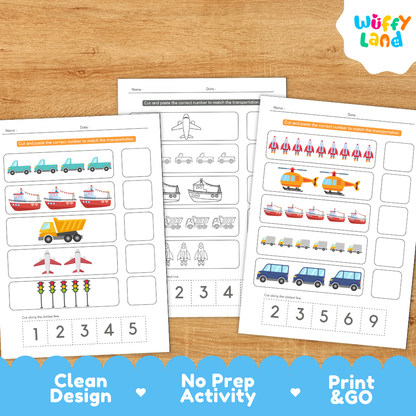Clean design no prep print and go transportation number match 1 to 10 vehicles counting cut and paste worksheets printable PDF pack