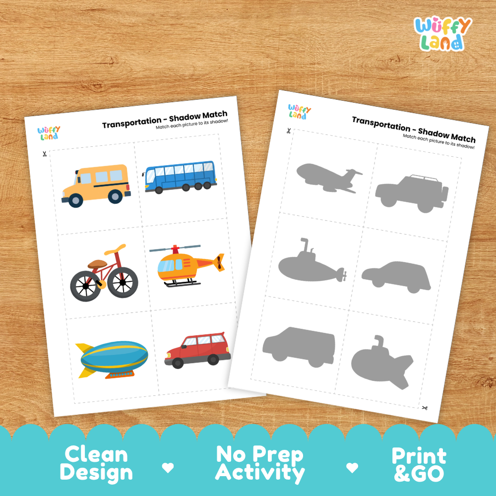 Clean design no prep print and go transportation shadow match activity cut and paste worksheets preschool printable PDF pack