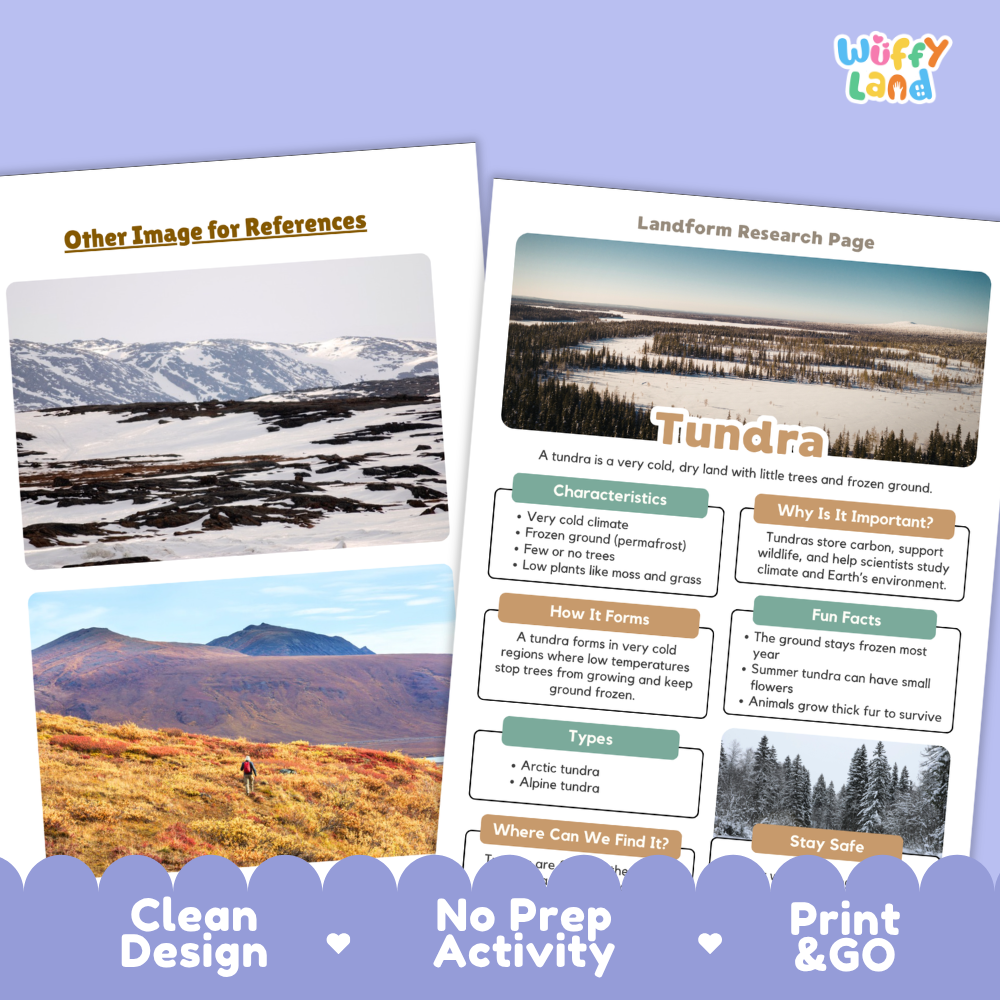 Clean design no prep print and go tundra landform research page printable PDF pack