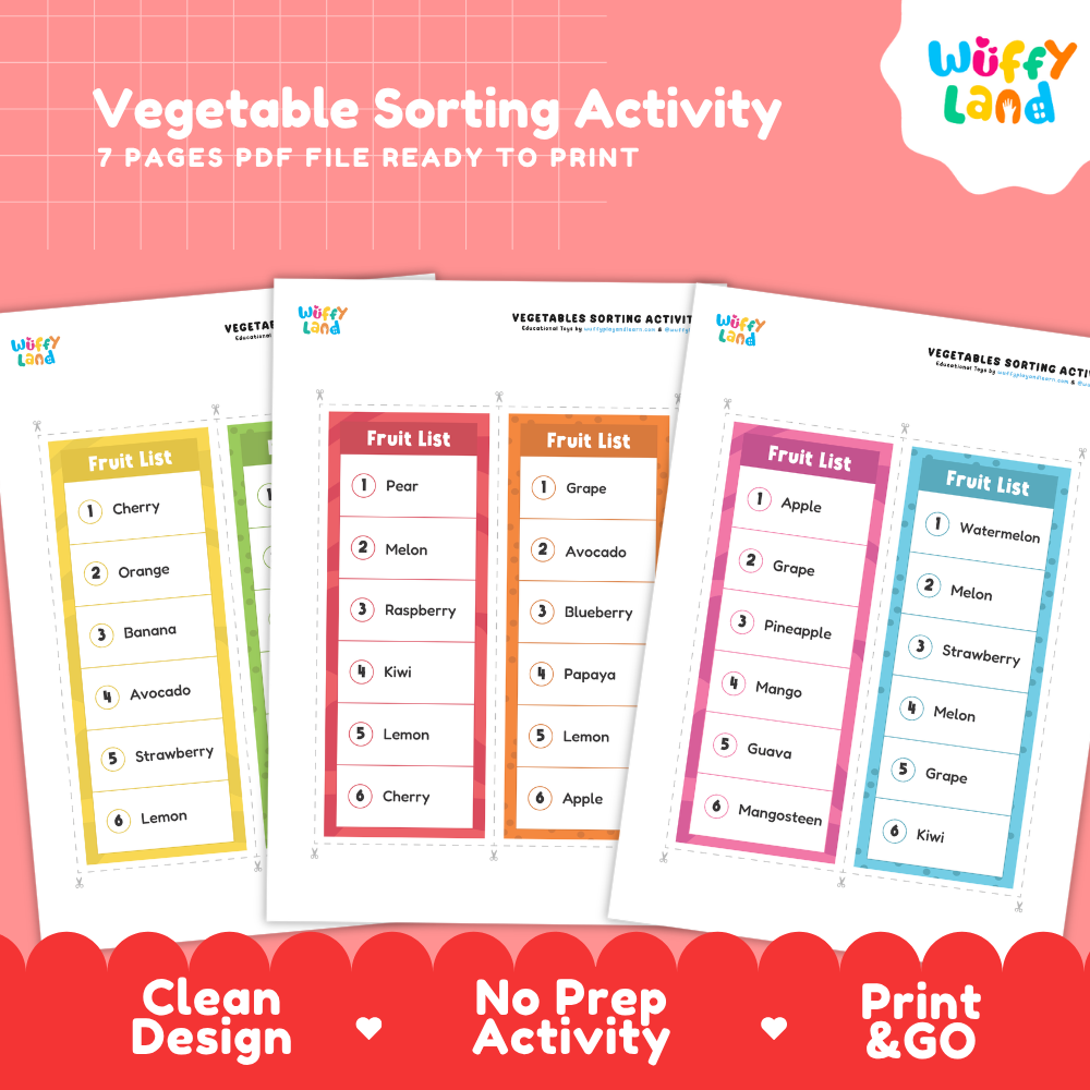 Clean design 7 page vegetable sorting activity fruit and veggie basket shopping cart nutrition printable PDF pack