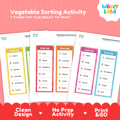Clean design 7 page vegetable sorting activity fruit and veggie basket shopping cart nutrition printable PDF pack