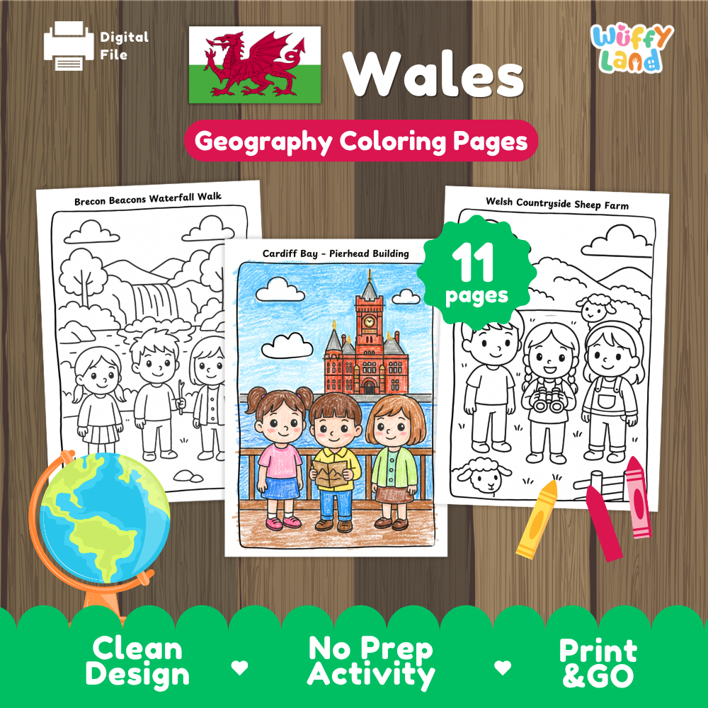 Clean design no prep print and go Wales geography activity pack layout ready for classroom and homeschool use