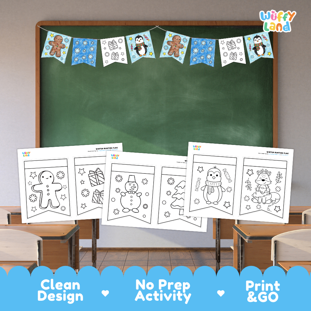 Clean design no prep print and go winter bunting flags coloring printable PDF pack