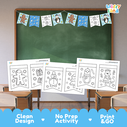 Clean design no prep print and go winter bunting flags coloring printable PDF pack