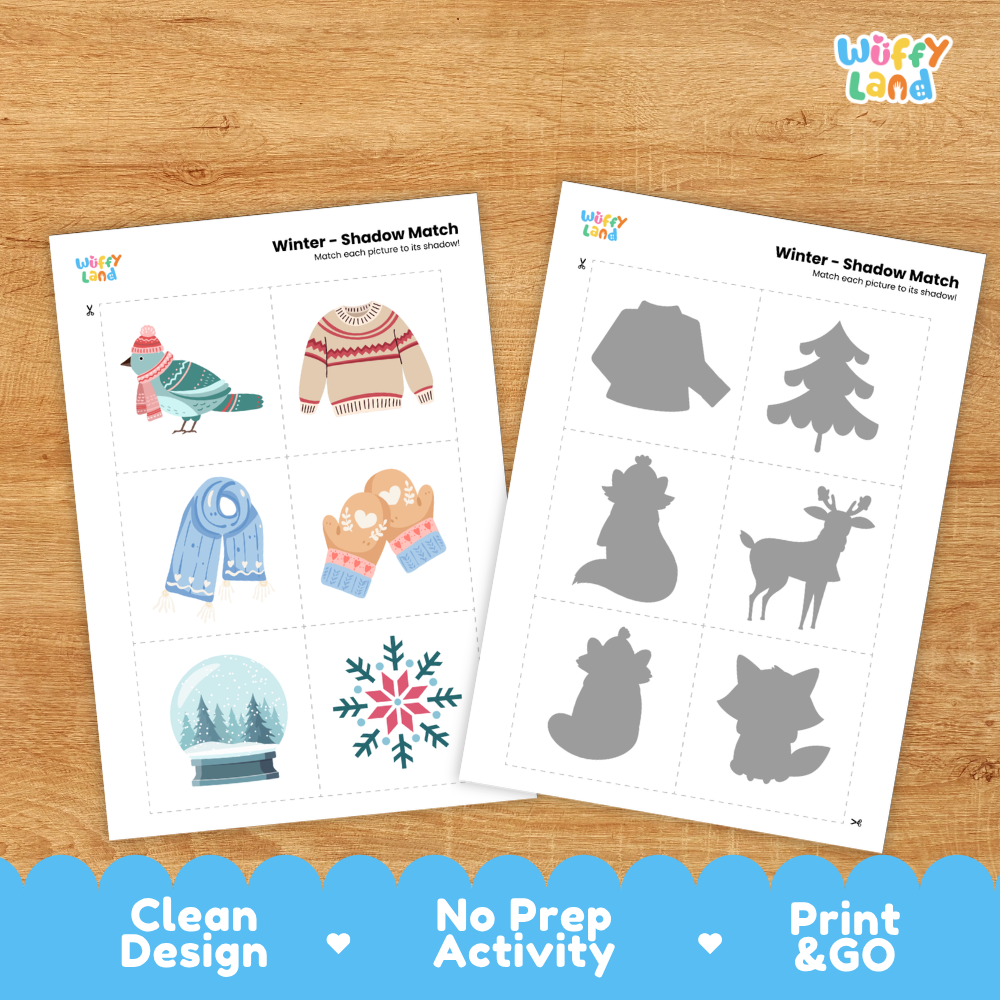 Clean design no prep print and go winter shadow match activity cut and paste worksheets preschool printable PDF pack
