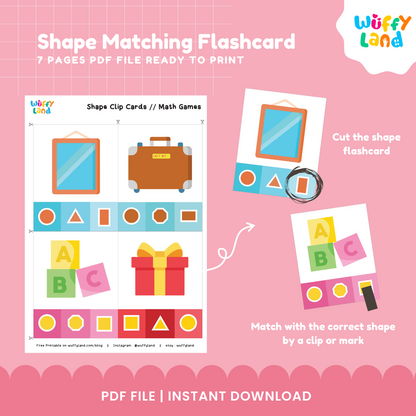 Set of 28 printable real-world shape recognition clip cards arranged for preschool math centers and Montessori sensorial shelves 🏫✨
