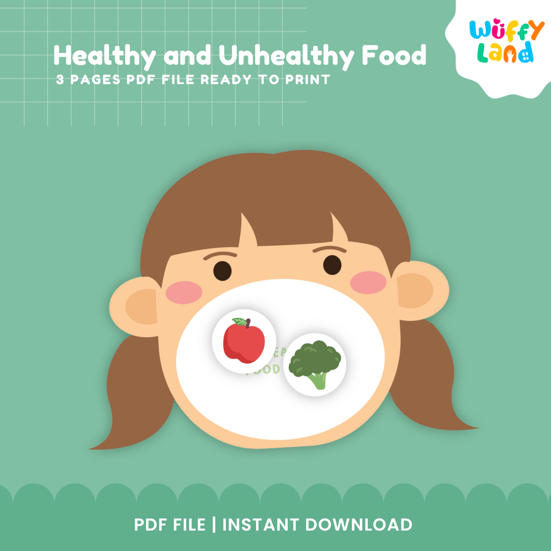 Three-page printable healthy and unhealthy food classification craft set arranged for preschool health centers and kindergarten bins 🏫✨