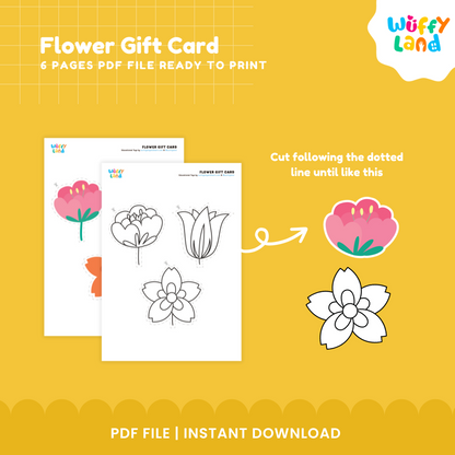 Six-page printable flower gift card craft templates arranged with scissors and crayon for preschool and kindergarten art stations 🏫✨