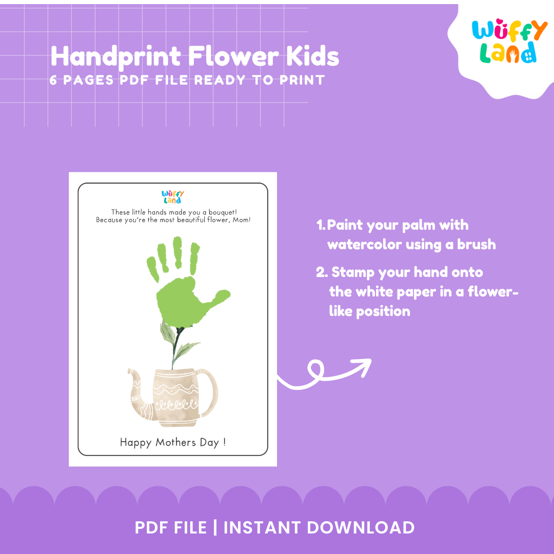 Six-page printable Mother's Day handprint flower keepsake templates arranged with paint tube and brush for preschool and kindergarten art stations 🏫✨