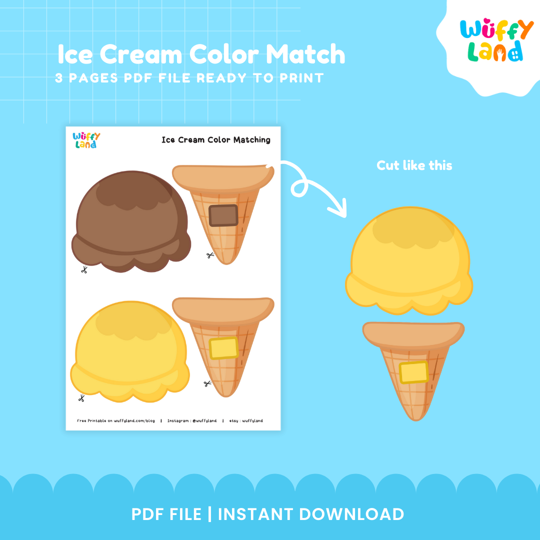 Three-page printable ice cream cone color recognition activity set arranged for toddler morning bins and preschool math centers 🏫🧇