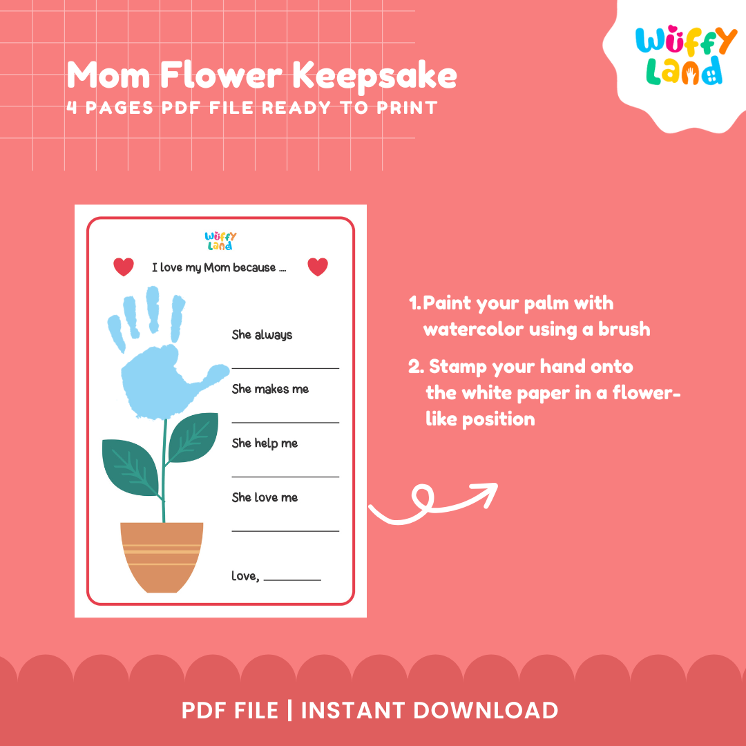 Four-page printable Mother's Day handprint flower keepsake craft displayed for preschool art centers, kindergarten writing, and gifts 🏫✨