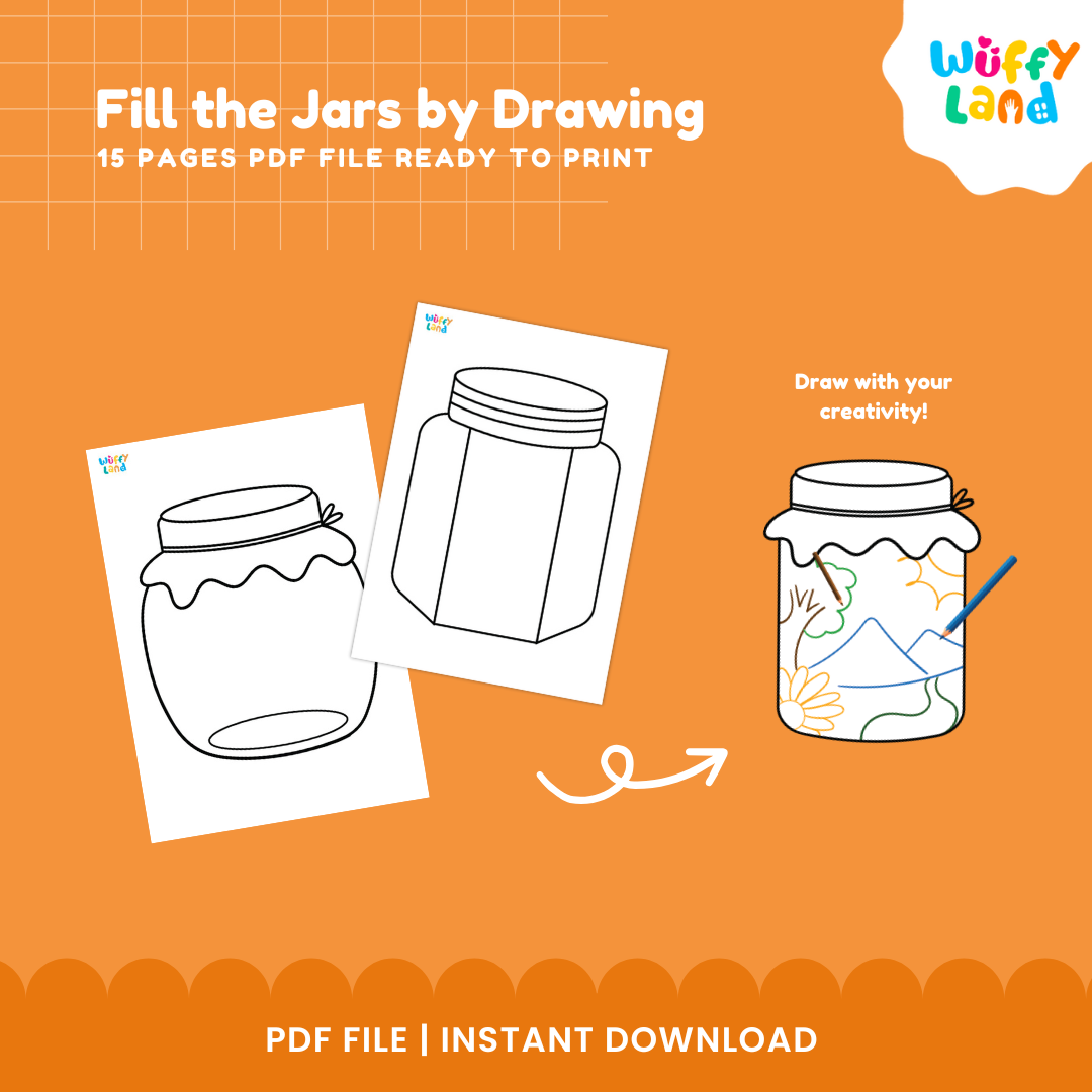 Fifteen-page printable jar drawing templates arranged for kindergarten art centers, mindfulness calm corners, and homeschool shelves 🏫✨