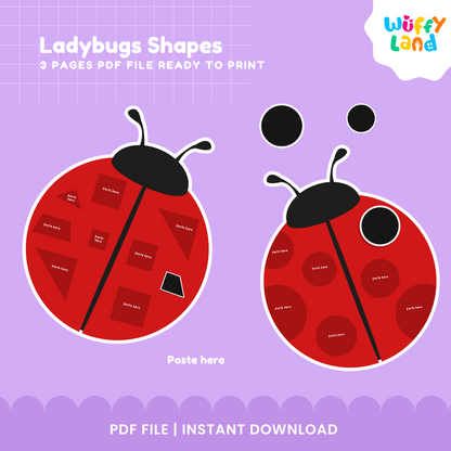 Three-page printable ladybug geometric shape sorting craft set arranged for kindergarten morning bins and Montessori math shelves 🏫✨