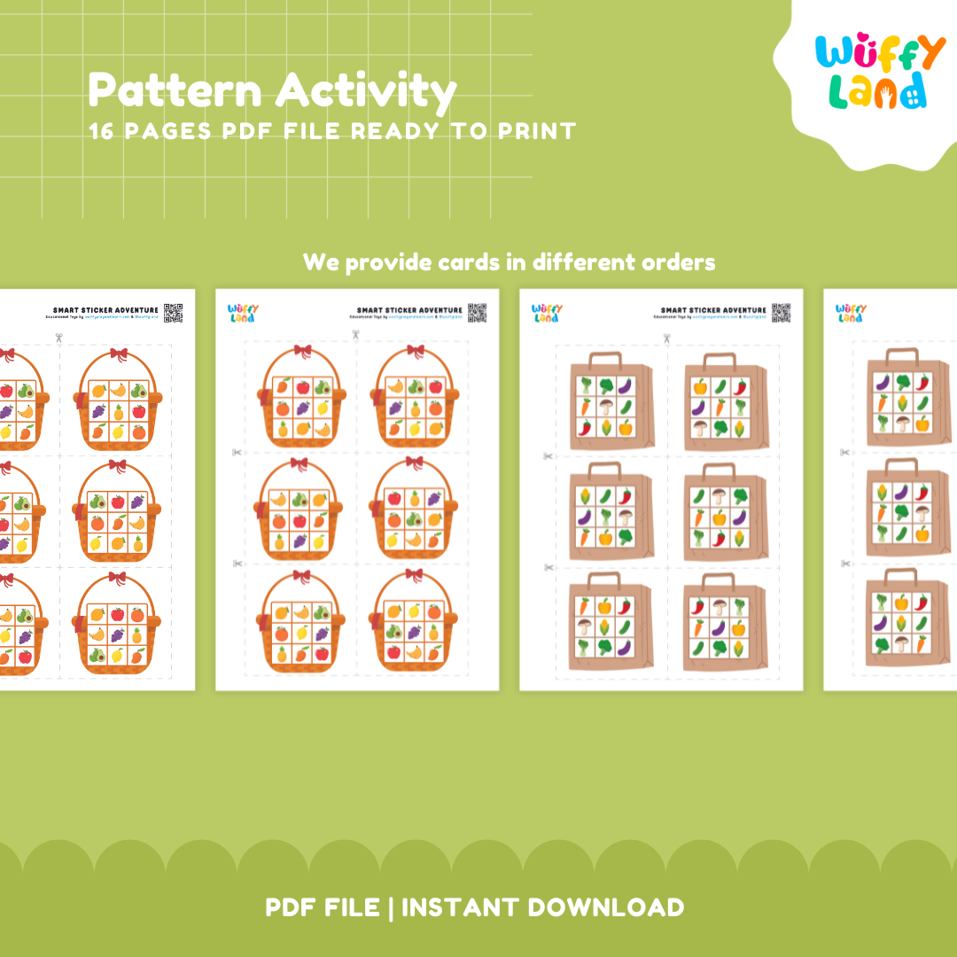 Sixteen-page educational pattern matching and spatial grid game set arranged for preschool math stations and Montessori shelves 🏫✨