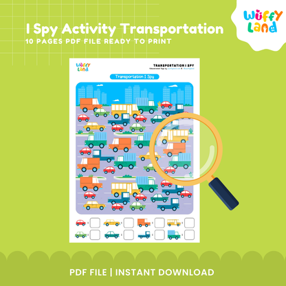 Set of 10 printable transportation I spy counting worksheets with magnifying glass graphic arranged for kindergarten math centers 🏫🔍