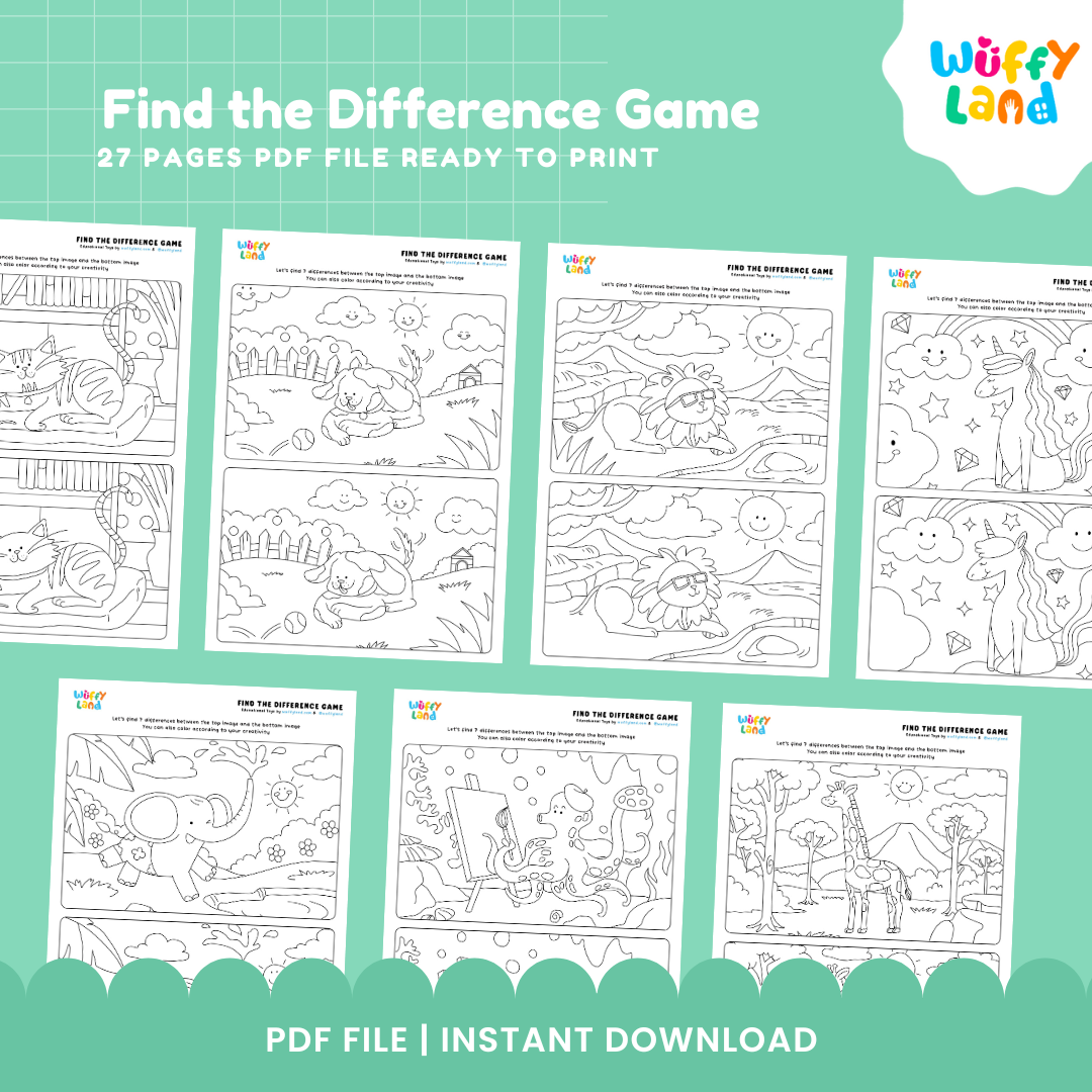 Set of 27 printable find the difference visual tracking worksheets arranged for preschool morning bins and kindergarten centers 🏫🔎