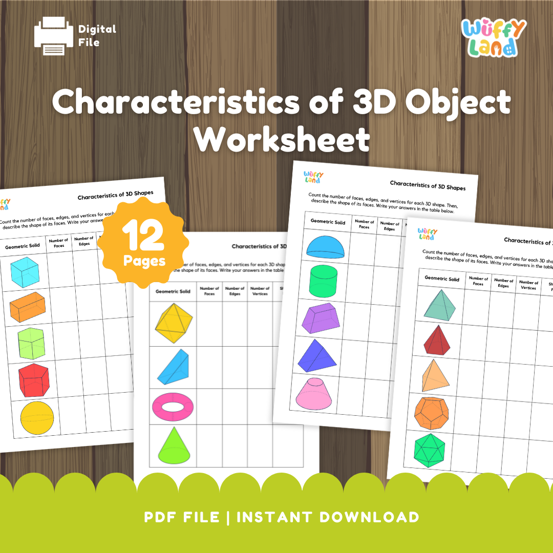 Colorful printable 3D object worksheet for kids to count faces, edges, and vertices — fun geometry learning printable for classroom or homeschool.