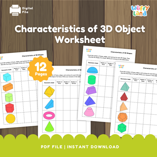 Colorful printable 3D object worksheet for kids to count faces, edges, and vertices — fun geometry learning printable for classroom or homeschool.