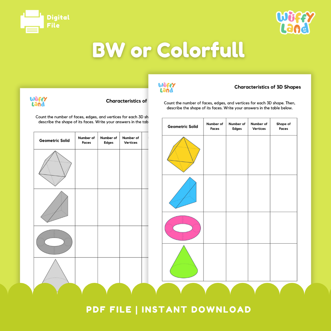 Educational worksheet for counting faces, edges, and vertices of 3D shapes with answer key
