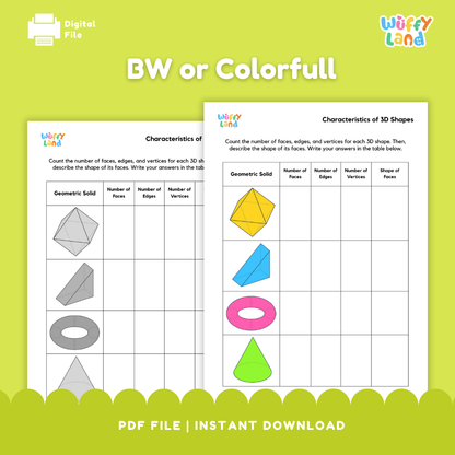 Educational worksheet for counting faces, edges, and vertices of 3D shapes with answer key