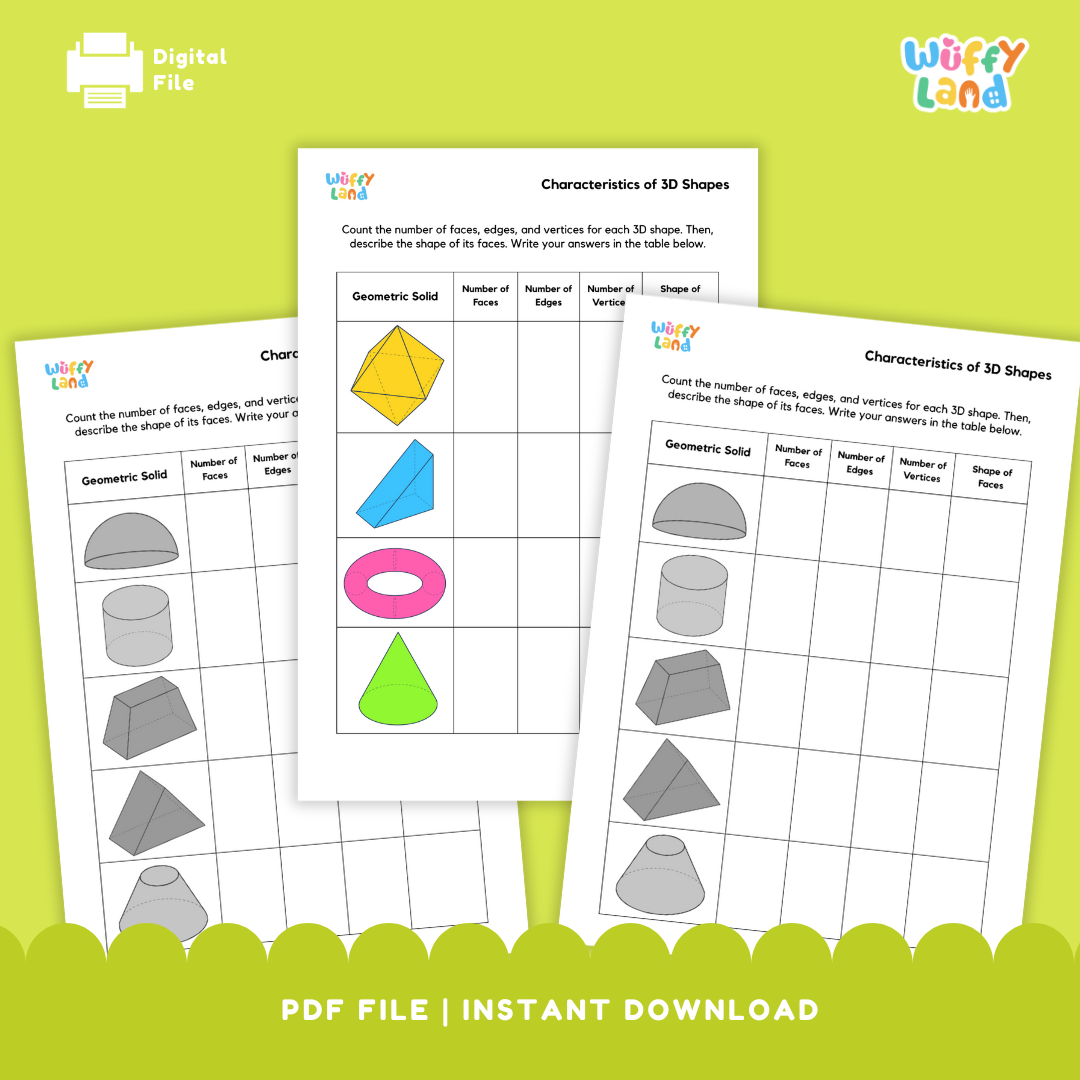 Three educational worksheets on a green background with Wiffy Land branding.