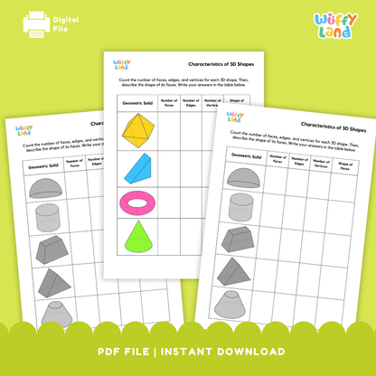 Three educational worksheets on a green background with Wiffy Land branding.