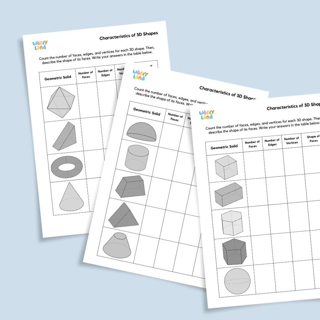 Printable 3D shapes worksheets for kids showing geometric solids to count faces, edges, and vertices — fun math activity for classroom or homeschool learning.