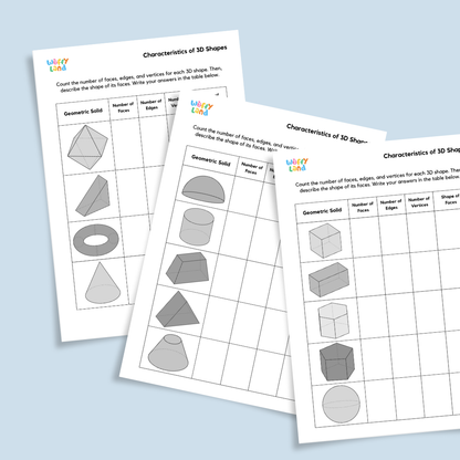 Printable 3D shapes worksheets for kids showing geometric solids to count faces, edges, and vertices — fun math activity for classroom or homeschool learning.